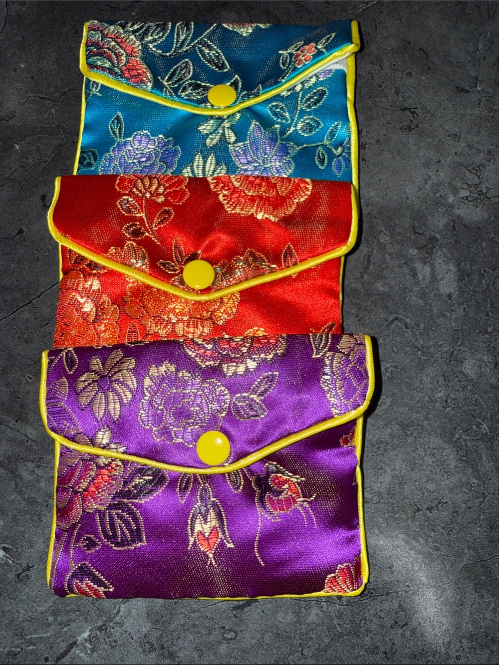 Floral Satin Envelope Cosmetic Pouch Trio - Purple, Red, Teal